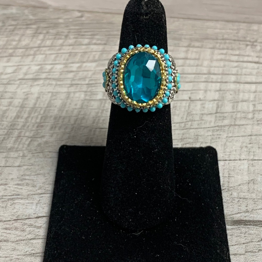 Boho Teal Crystal Turquoise Bead Silver Gold Tone Statement Ring Size 6.5 3606